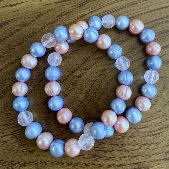 Honora 2 Freshwater Pearl Stretch Bracelets Set, Pink Blue & Faceted Rose Quartz - Picture 5 of 6